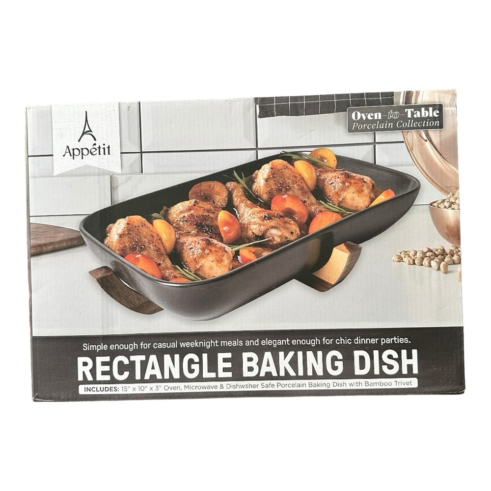 Servappetit Rectangle Baking Dish with Bamboo‎ Trivet NIB